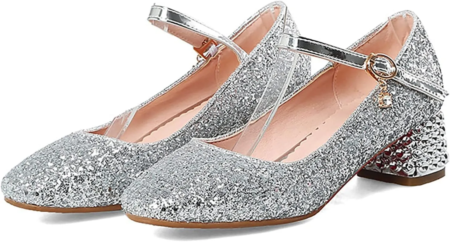 Girls Sparkly Mary Jane Low Heel Dress Shoes Bridesmaids Princess Glitter Shiny Closed Toe Wedding Pary Shoes