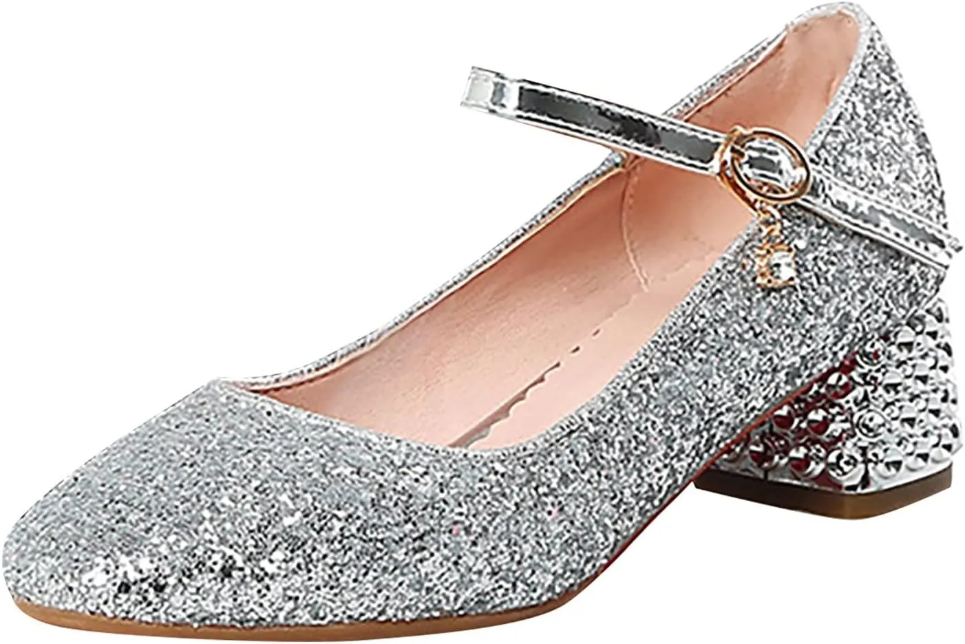 Girls Sparkly Mary Jane Low Heel Dress Shoes Bridesmaids Princess Glitter Shiny Closed Toe Wedding Pary Shoes
