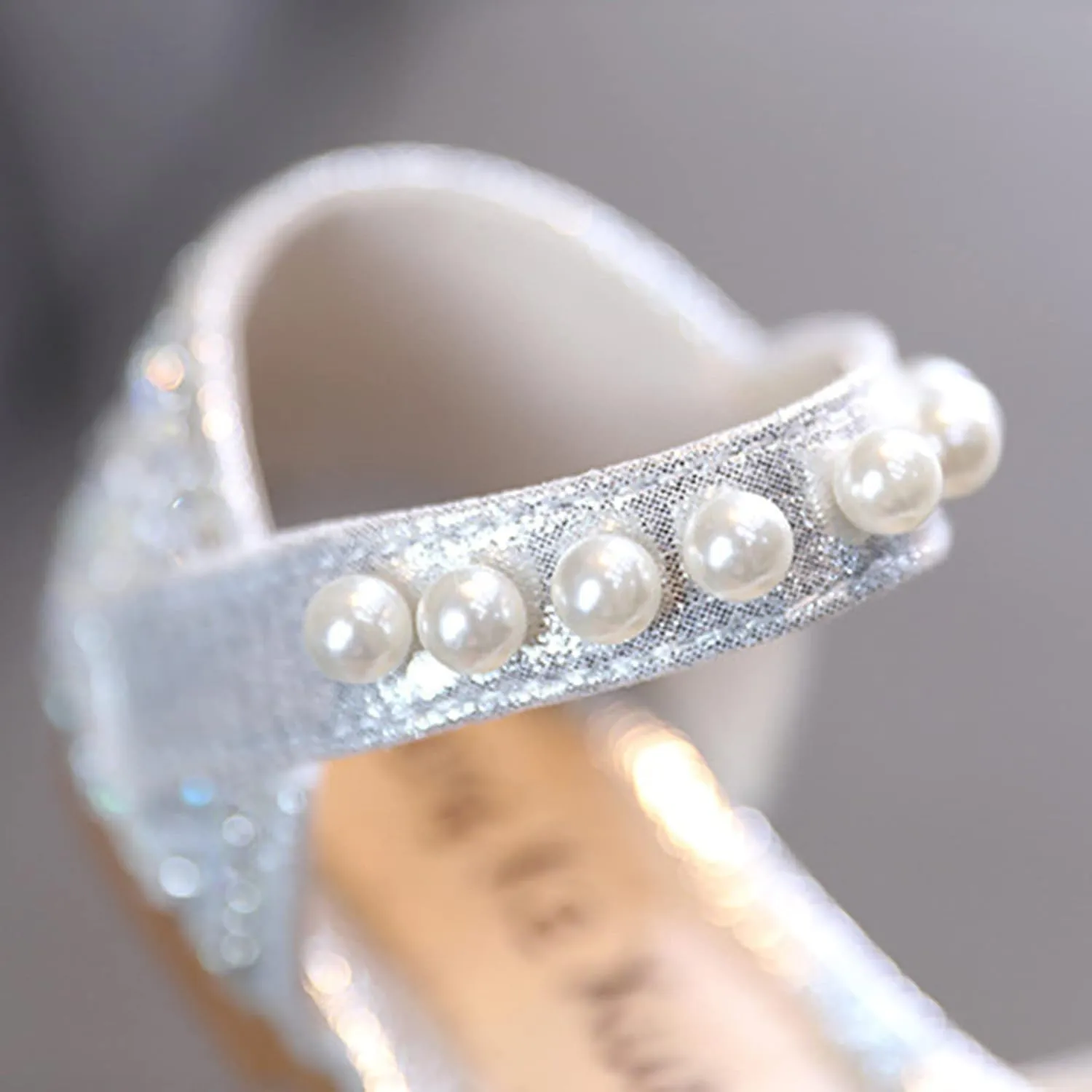 Girls Wedding Party Heel Flat Rhinestone Bow Ballet Glitter Mary Jane Shoes Pearl Ankle Strap Flower Shoes