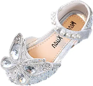 Girls Wedding Party Heel Flat Rhinestone Bow Ballet Glitter Mary Jane Shoes Pearl Ankle Strap Flower Shoes