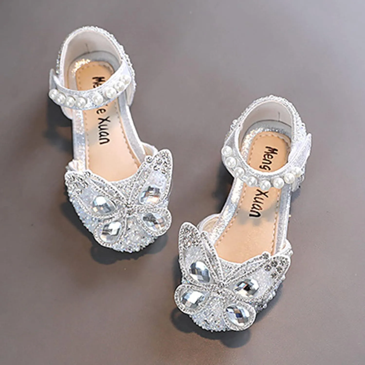 Girls Wedding Party Heel Flat Rhinestone Bow Ballet Glitter Mary Jane Shoes Pearl Ankle Strap Flower Shoes