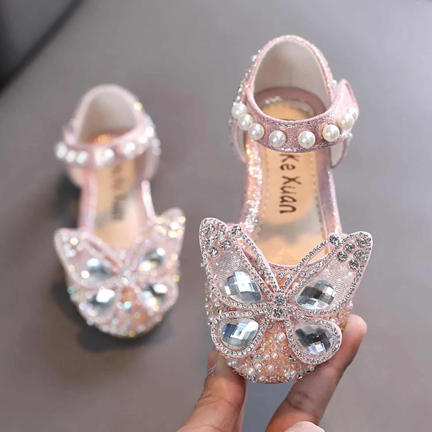 Girls Wedding Party Heel Flat Rhinestone Bow Ballet Glitter Mary Jane Shoes Pearl Ankle Strap Flower Shoes