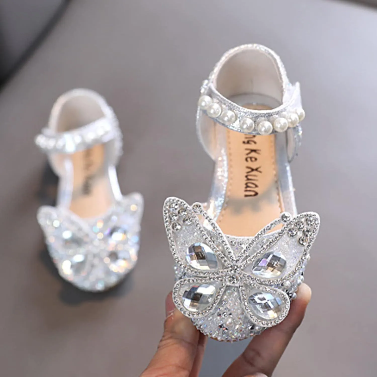Girls Wedding Party Heel Flat Rhinestone Bow Ballet Glitter Mary Jane Shoes Pearl Ankle Strap Flower Shoes