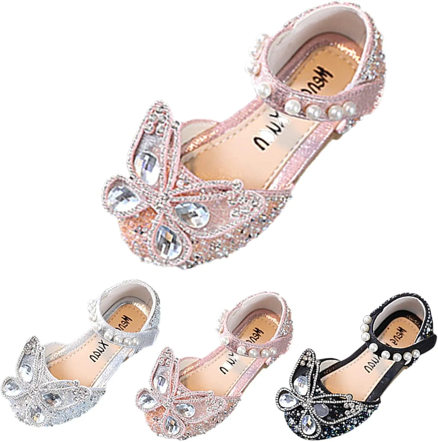 Girls Wedding Party Heel Flat Rhinestone Bow Ballet Glitter Mary Jane Shoes Pearl Ankle Strap Flower Shoes