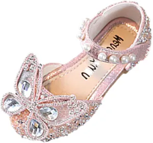 Girls Wedding Party Heel Flat Rhinestone Bow Ballet Glitter Mary Jane Shoes Pearl Ankle Strap Flower Shoes