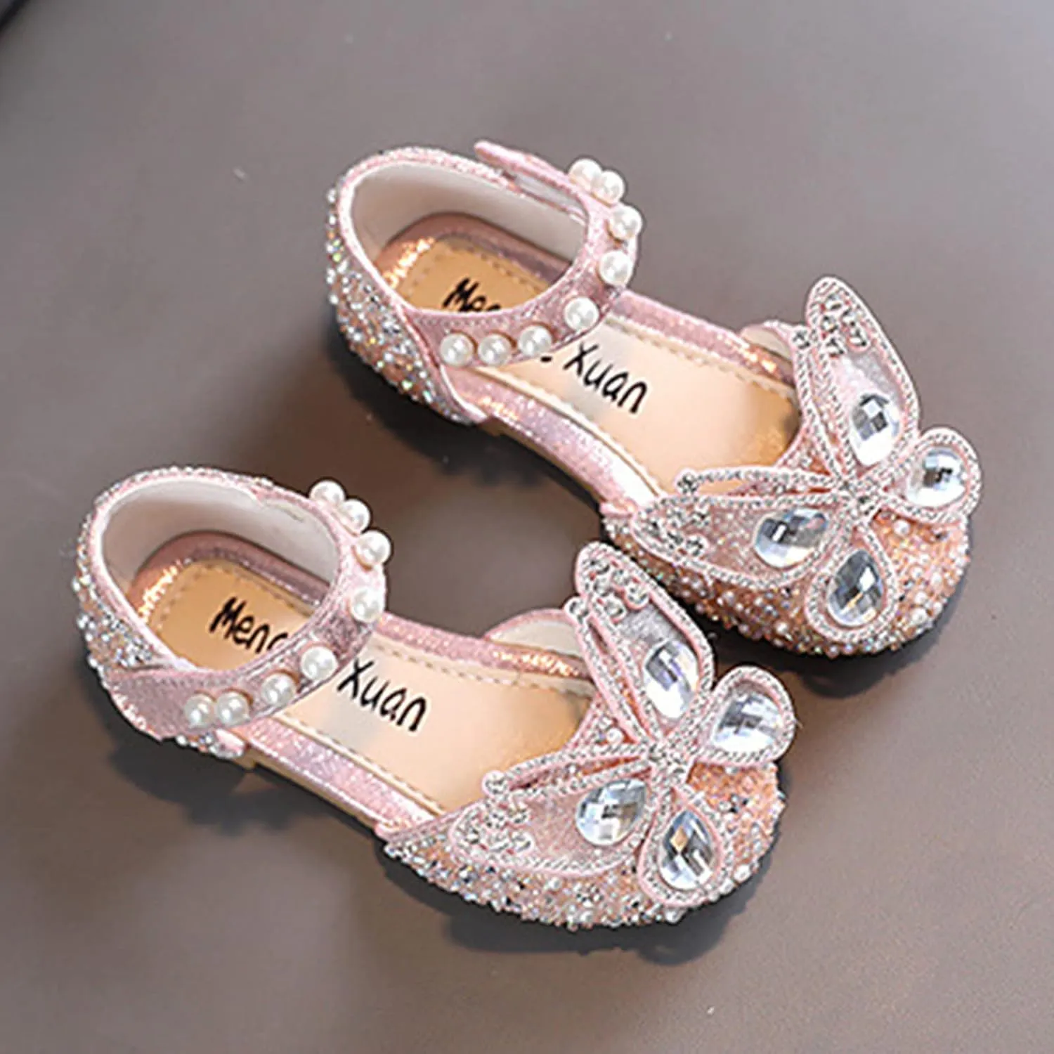 Girls Wedding Party Heel Flat Rhinestone Bow Ballet Glitter Mary Jane Shoes Pearl Ankle Strap Flower Shoes