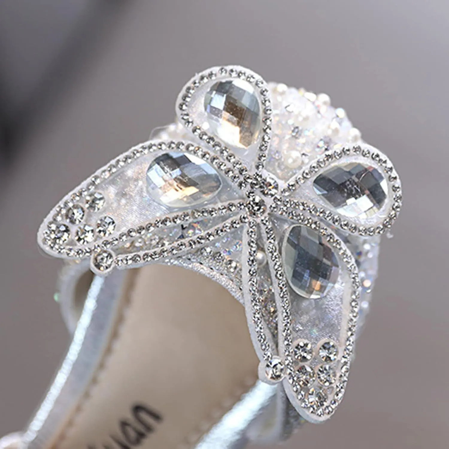 Girls Wedding Party Heel Flat Rhinestone Bow Ballet Glitter Mary Jane Shoes Pearl Ankle Strap Flower Shoes