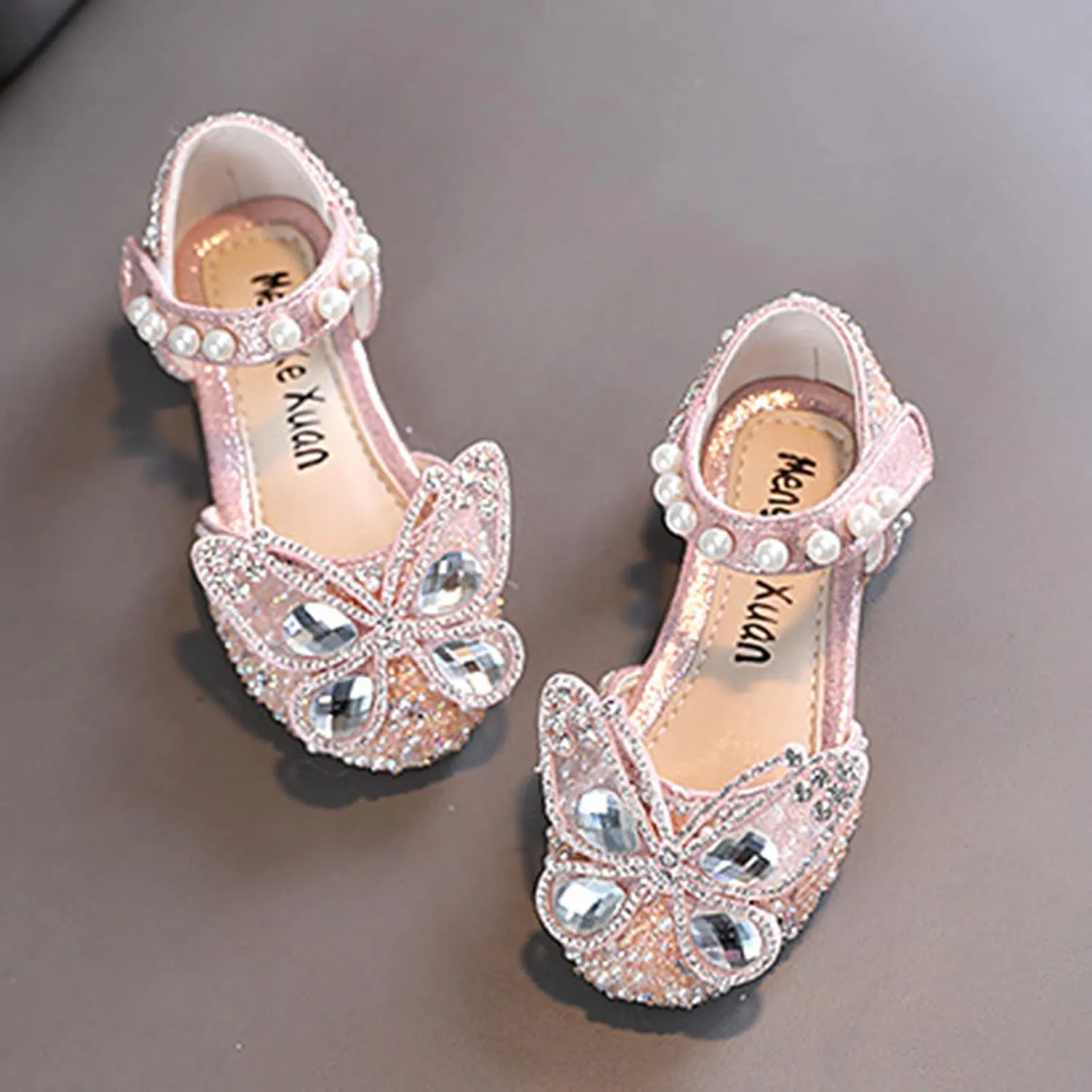 Girls Wedding Party Heel Flat Rhinestone Bow Ballet Glitter Mary Jane Shoes Pearl Ankle Strap Flower Shoes