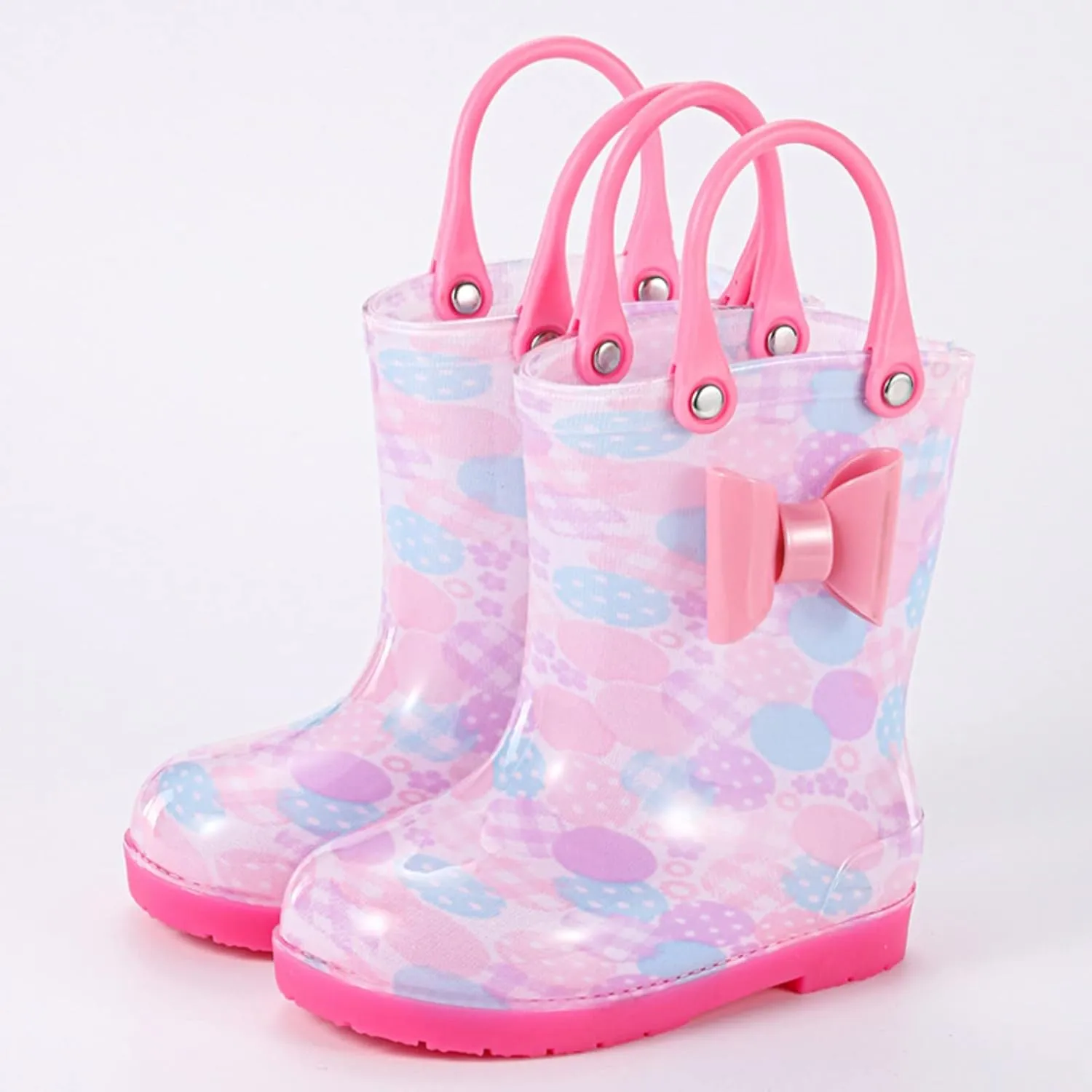 Kids Rain Boots for Girls Toddler Lightwight Waterproof Rubber Boots Cute Bow with Easy-On Handles Infant Girl Shoes