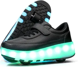 Kids Roller Skate Shoes Roller Sport Sneakers Shoes for Boys Girls Outdoor Sneakers Shoes with 2 Wheels Retractable Sneakers Shoes for Children's Park Walking Sports, B2218 Black
