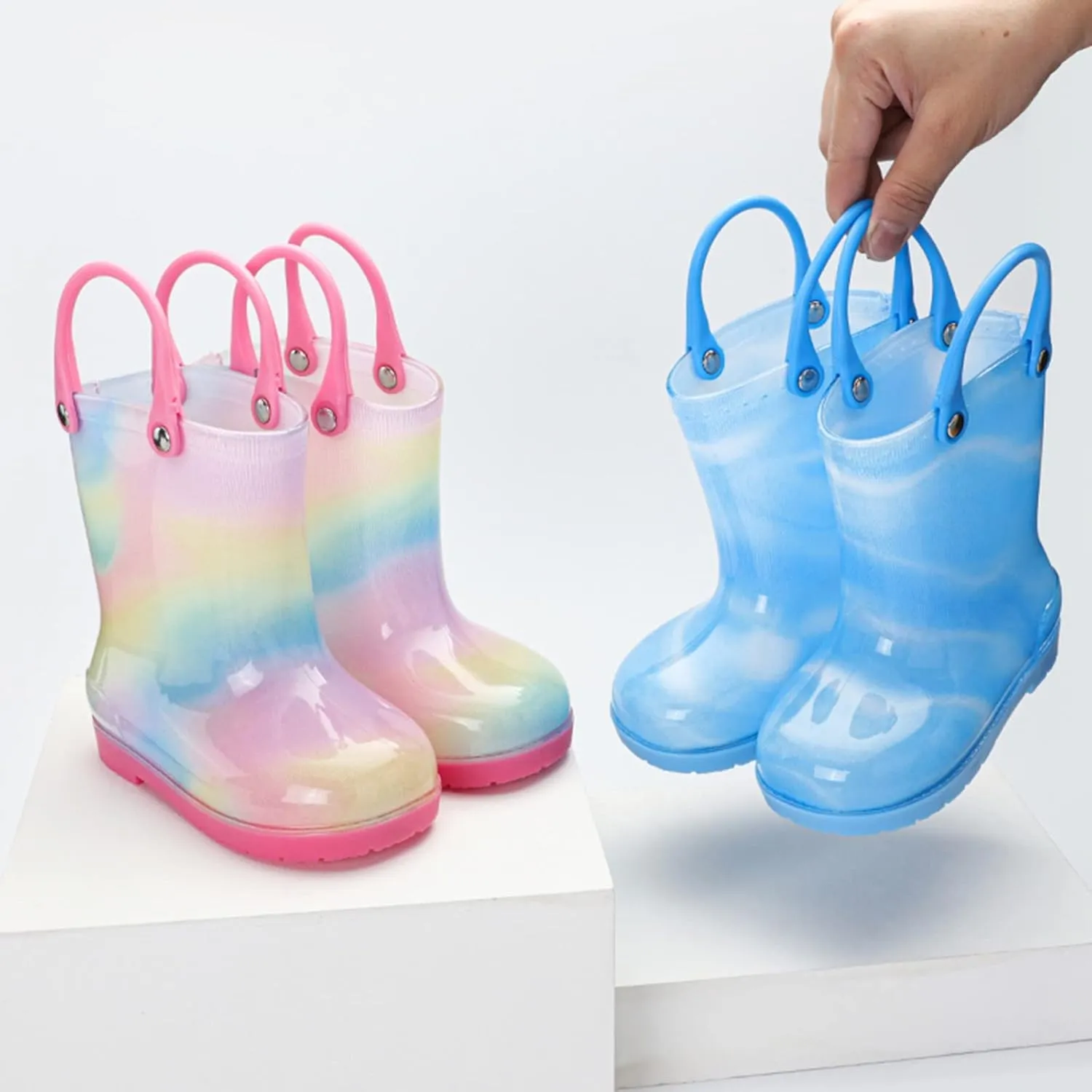Kids Tie Dye Waterproof Rain Boot with Pull on Handles Toddler Girls Bow Rain Boots Rubber Boots Cute Water Shoes