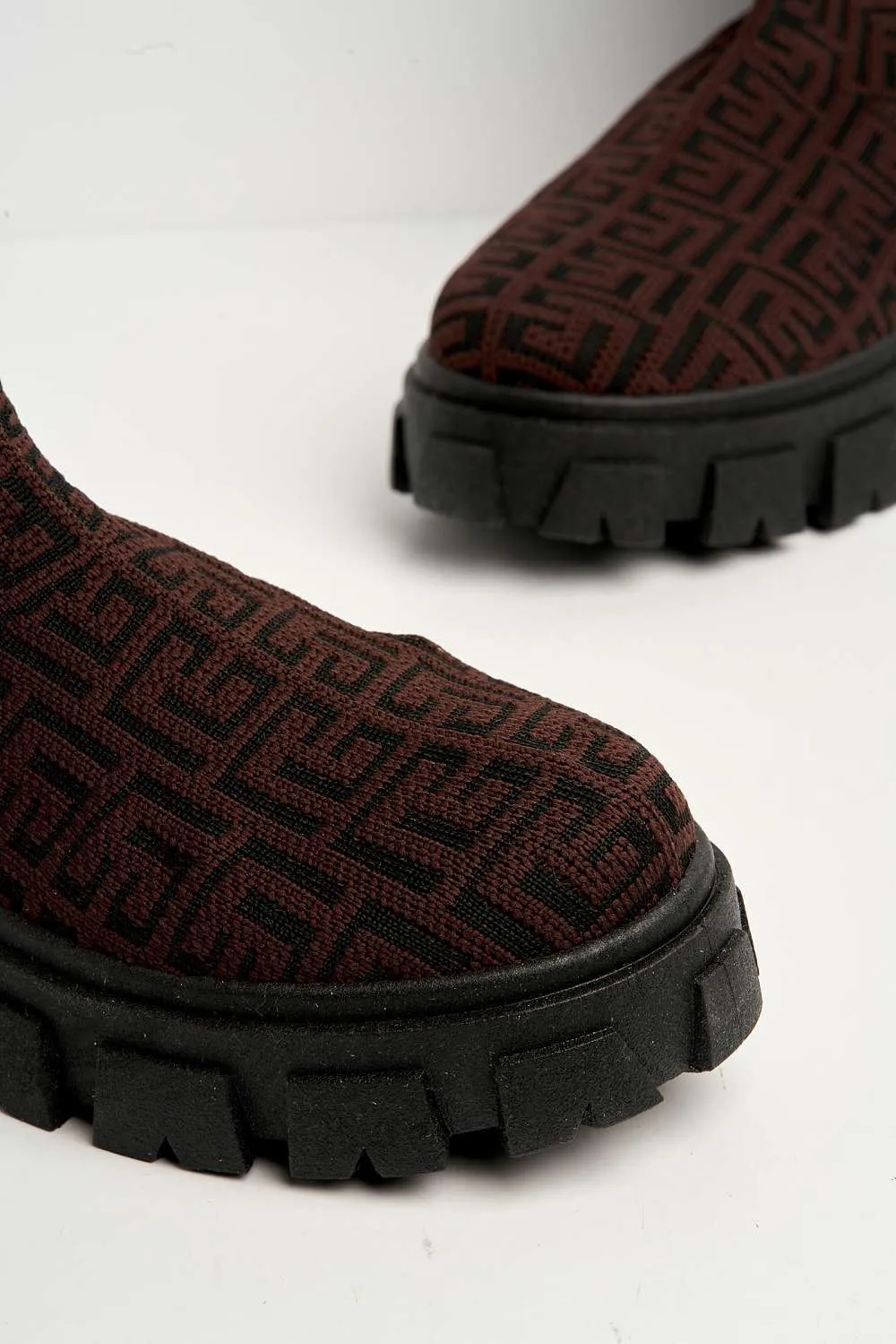 Mattie Geometric Print Chunky Sole Ankle High Sock Boots in Brown