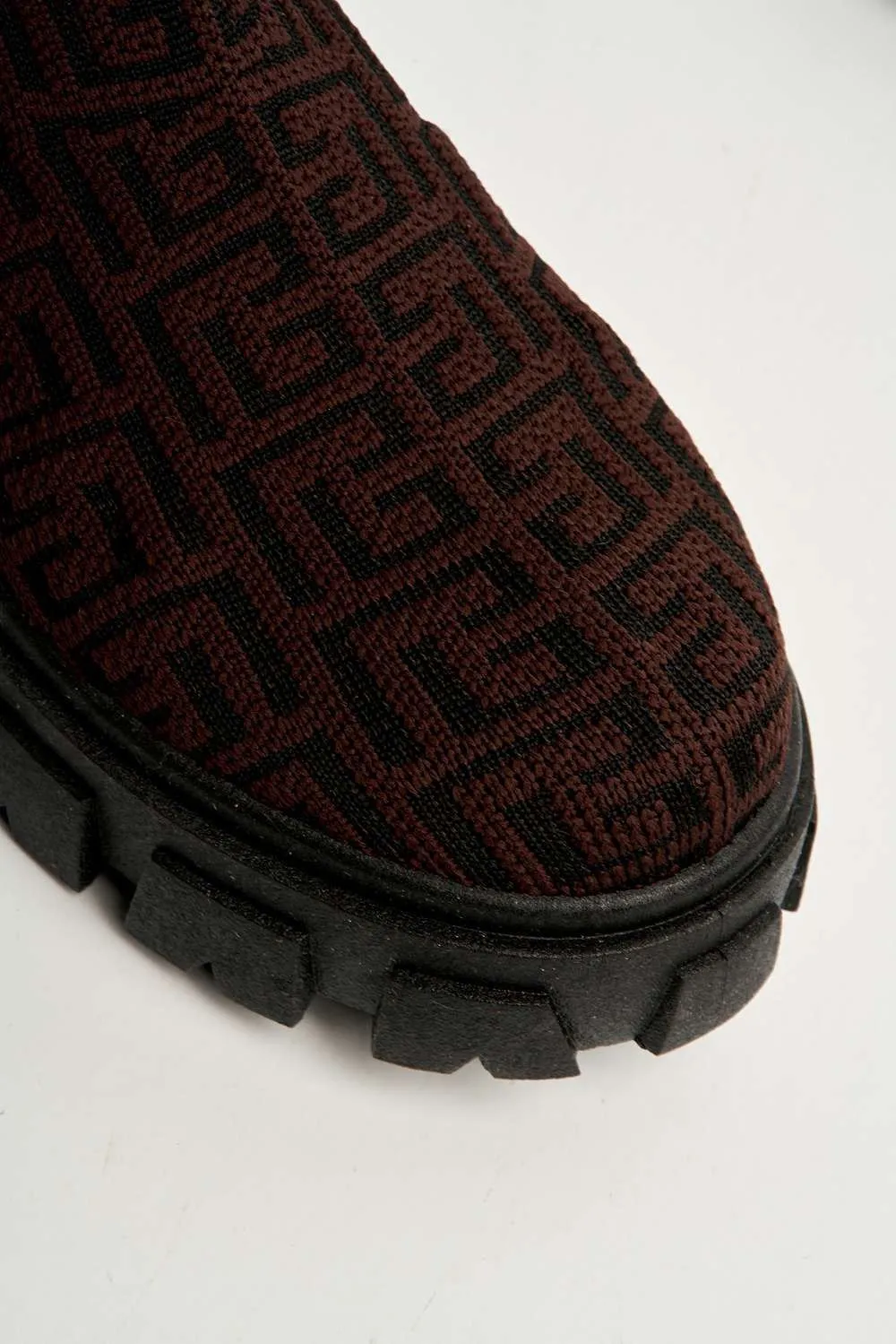 Mattie Geometric Print Chunky Sole Ankle High Sock Boots in Brown