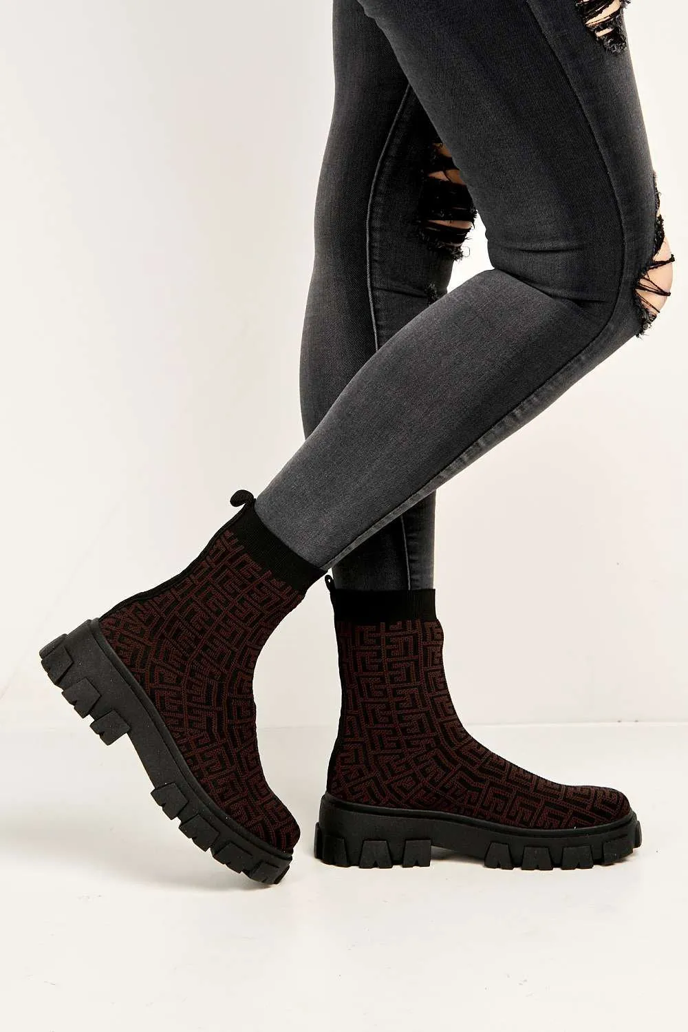 Mattie Geometric Print Chunky Sole Ankle High Sock Boots in Brown