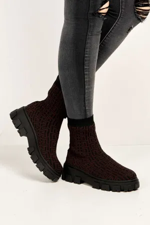 Mattie Geometric Print Chunky Sole Ankle High Sock Boots in Brown
