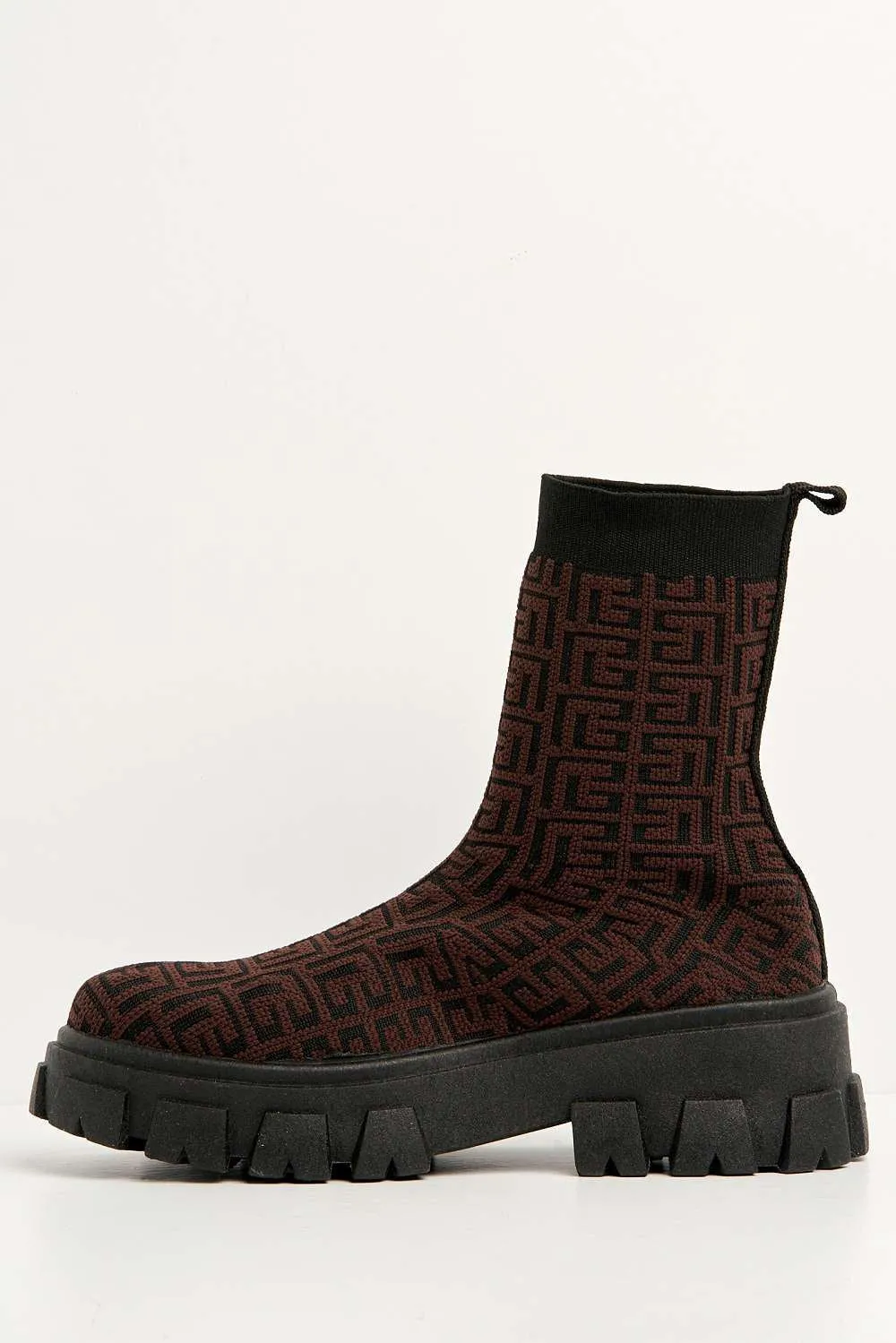 Mattie Geometric Print Chunky Sole Ankle High Sock Boots in Brown