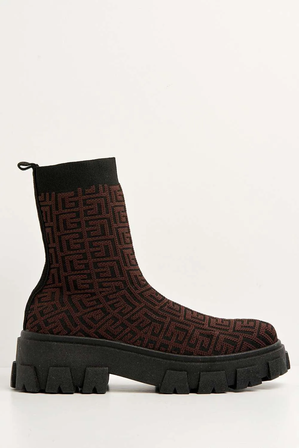 Mattie Geometric Print Chunky Sole Ankle High Sock Boots in Brown
