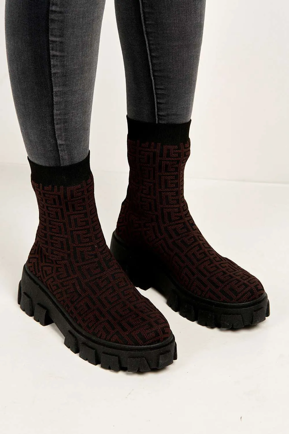 Mattie Geometric Print Chunky Sole Ankle High Sock Boots in Brown