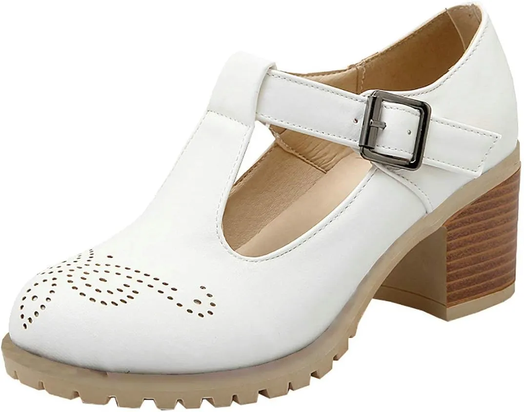 MAVMAX Women's T-Strap Mary Jane Block Heel Wingtip Oxford Brogue Shoes