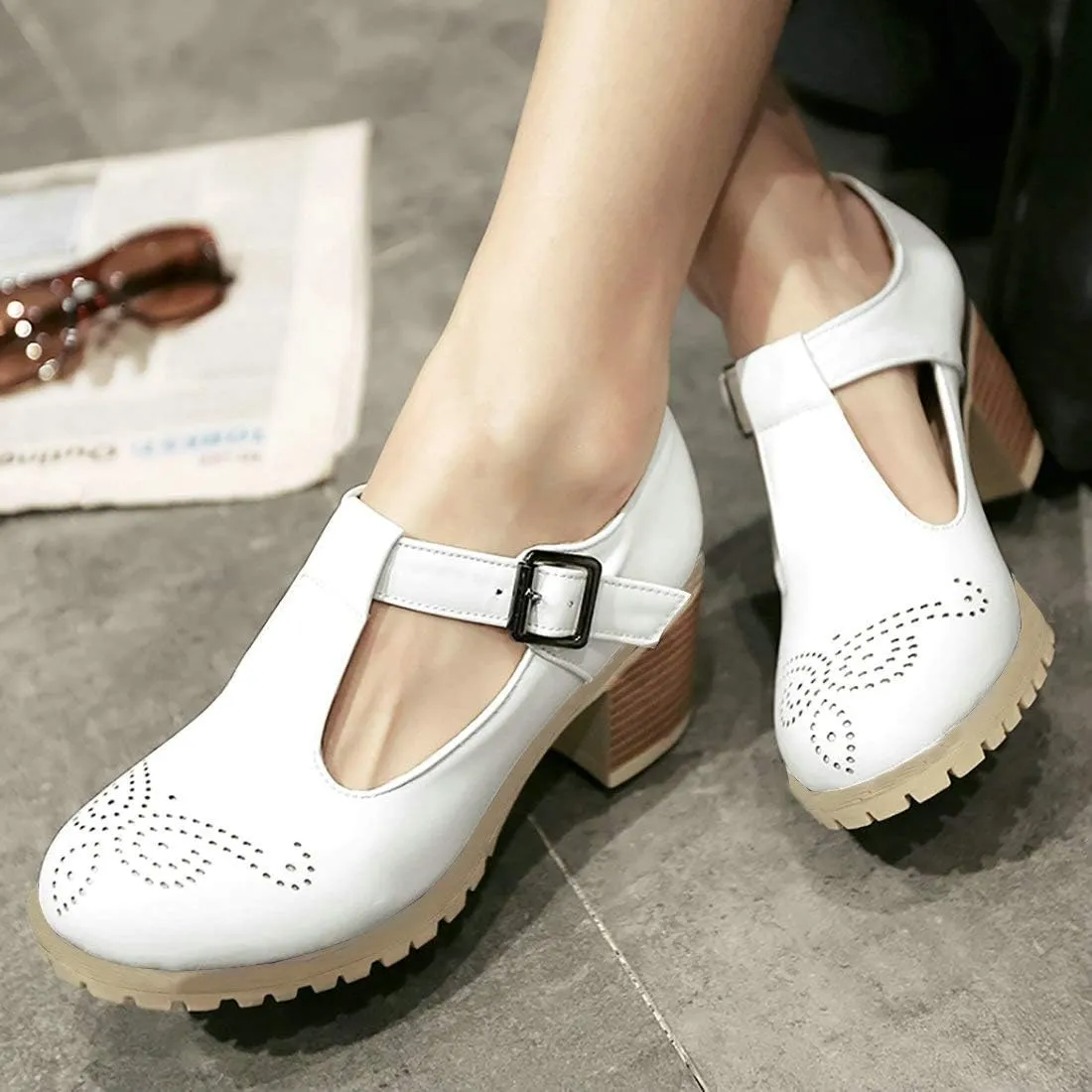 MAVMAX Women's T-Strap Mary Jane Block Heel Wingtip Oxford Brogue Shoes