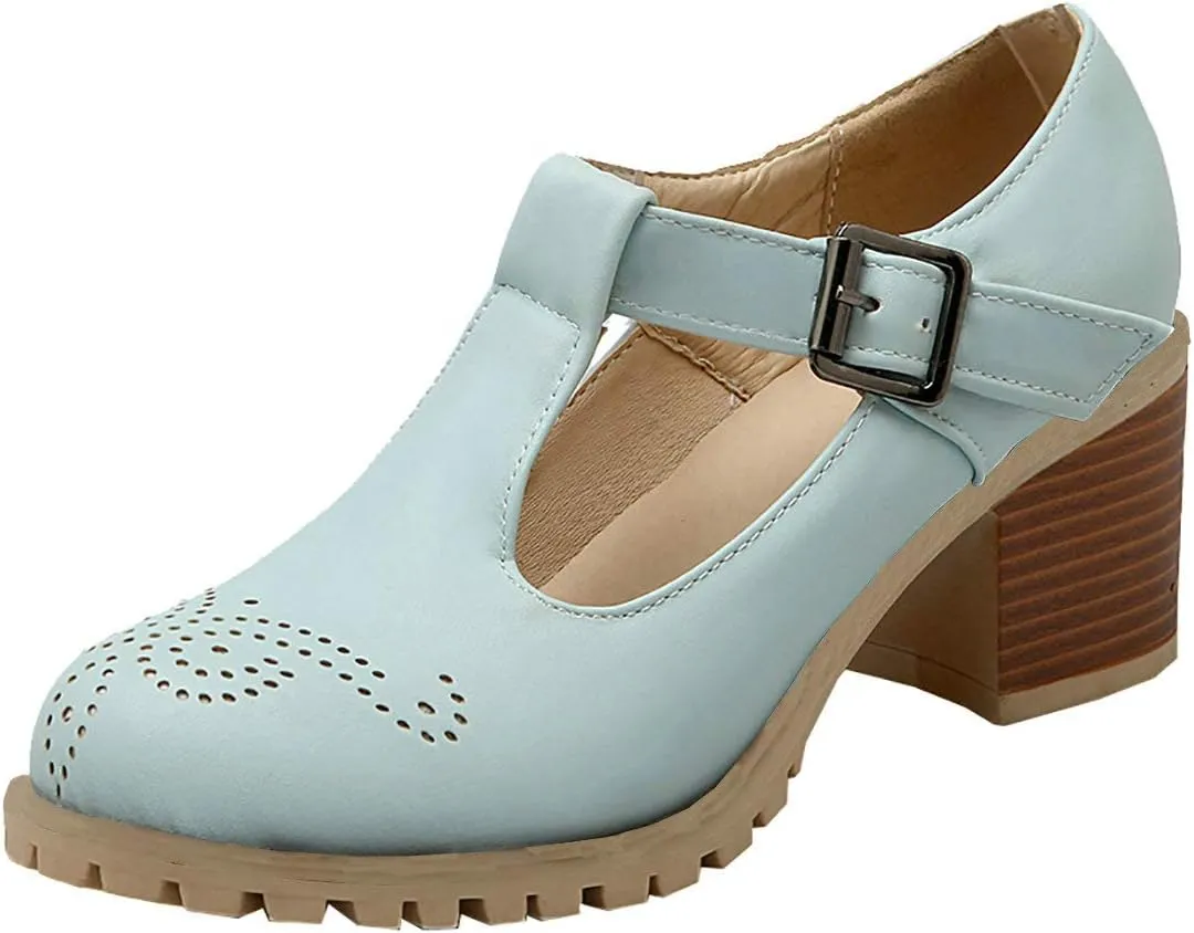 MAVMAX Women's T-Strap Mary Jane Block Heel Wingtip Oxford Brogue Shoes