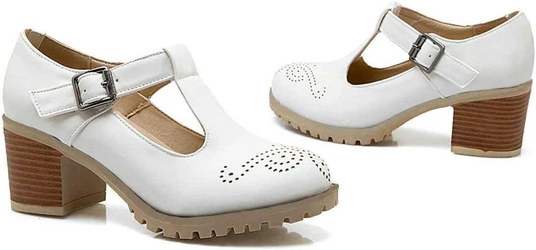 MAVMAX Women's T-Strap Mary Jane Block Heel Wingtip Oxford Brogue Shoes