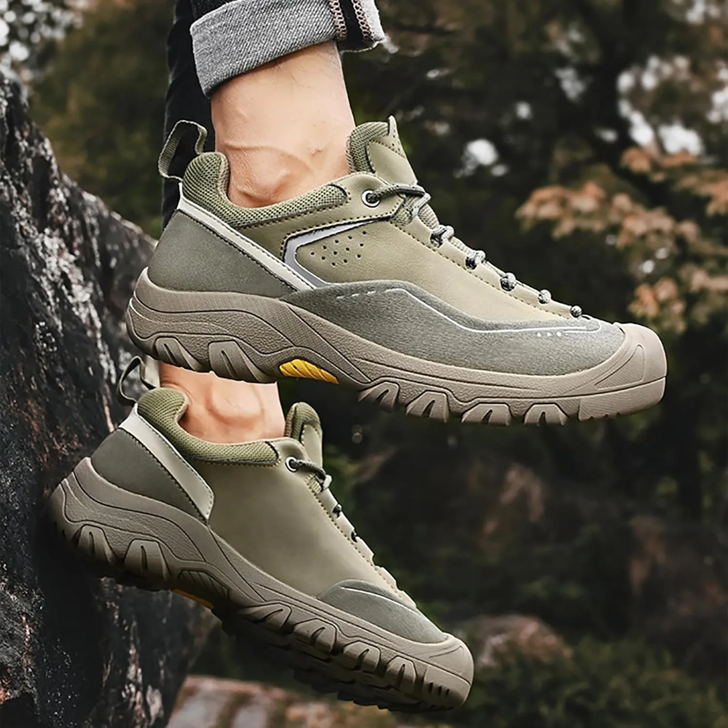 Men's Genuine Leather Waterproof Hiking Shoes Outdoor Lightweight Breathable Trekking Trails Shoes Casual Non-Slip Sneakers