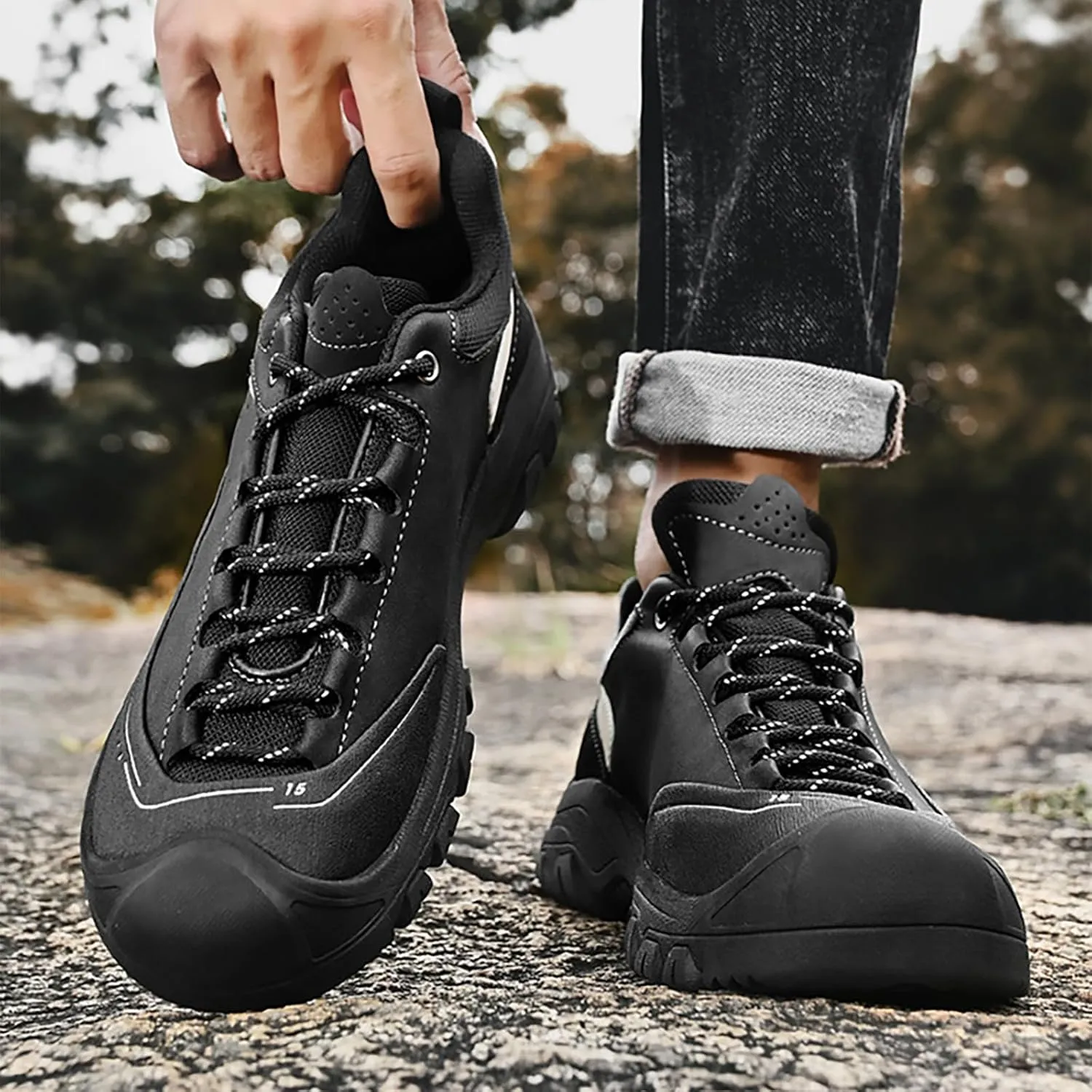 Men's Genuine Leather Waterproof Hiking Shoes Outdoor Lightweight Breathable Trekking Trails Shoes Casual Non-Slip Sneakers