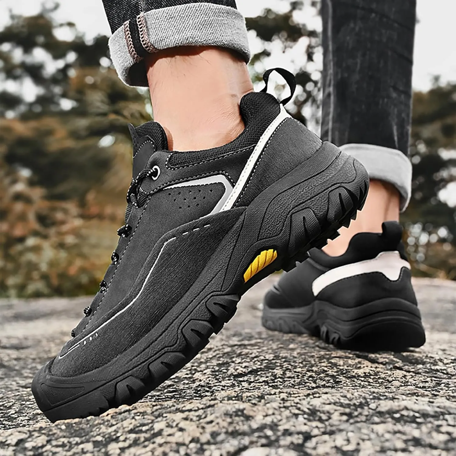 Men's Genuine Leather Waterproof Hiking Shoes Outdoor Lightweight Breathable Trekking Trails Shoes Casual Non-Slip Sneakers