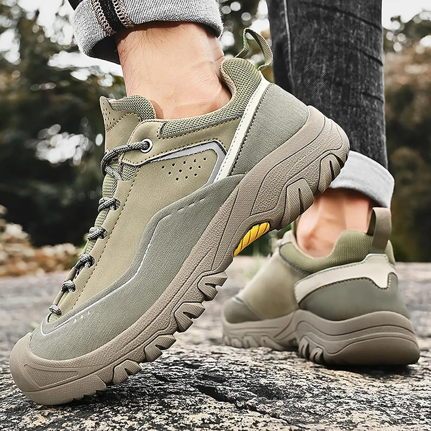 Men's Genuine Leather Waterproof Hiking Shoes Outdoor Lightweight Breathable Trekking Trails Shoes Casual Non-Slip Sneakers