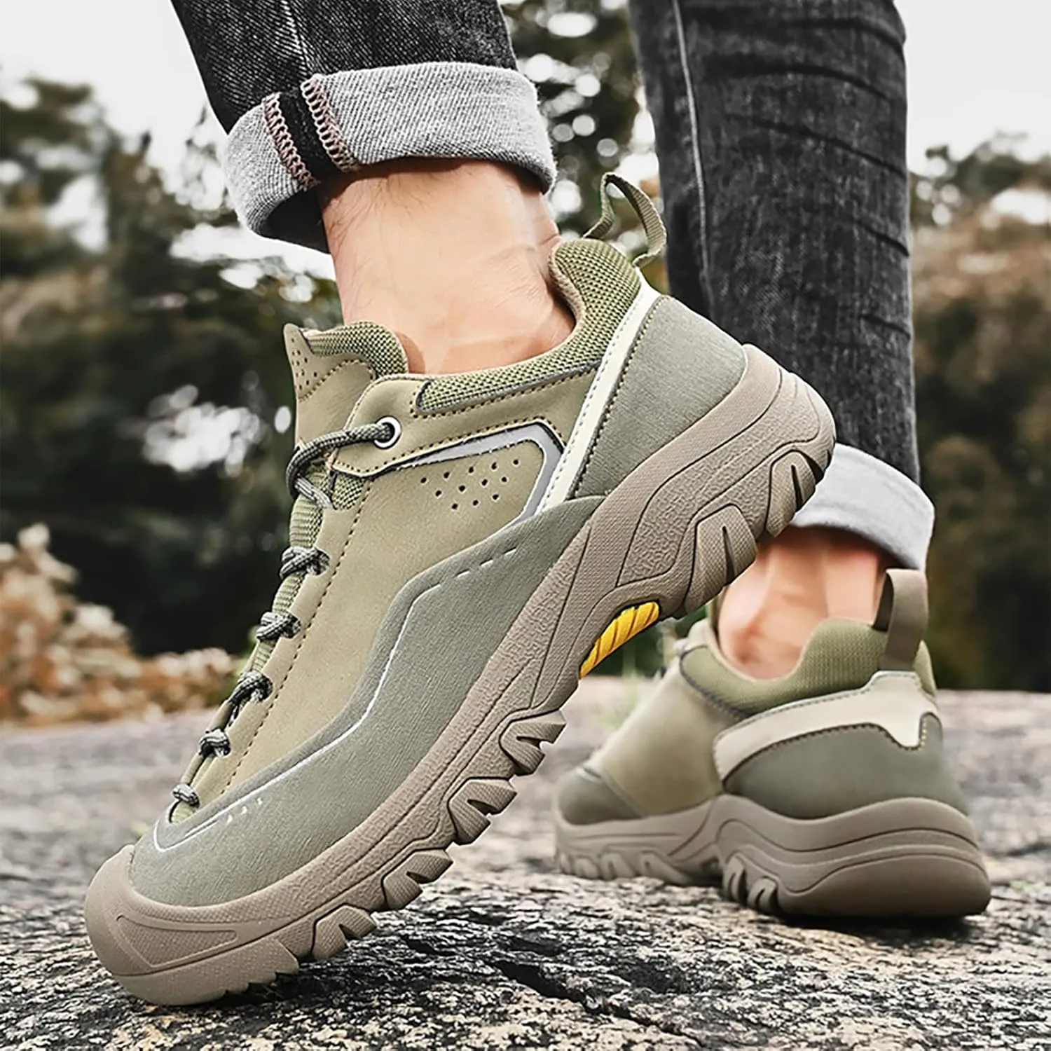 Men's Genuine Leather Waterproof Hiking Shoes Outdoor Lightweight Breathable Trekking Trails Shoes Casual Non-Slip Sneakers