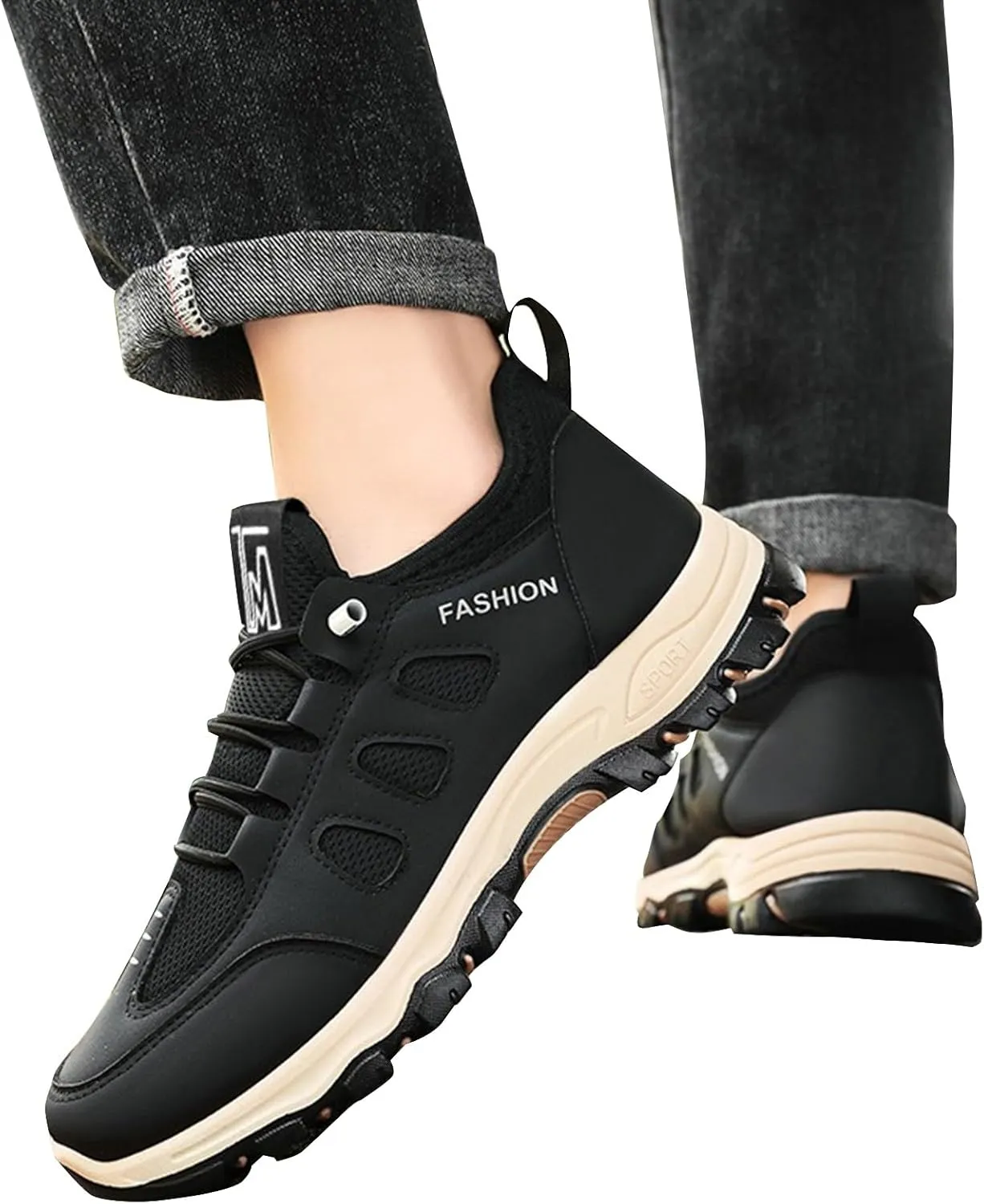 Men's Hiking Waterproof Casual Breathable Mesh Leather Outdoor Lightweight Comfortable Non Slip Walking Work Mountaineering Shoes with Adjustable Lace Arch Support
