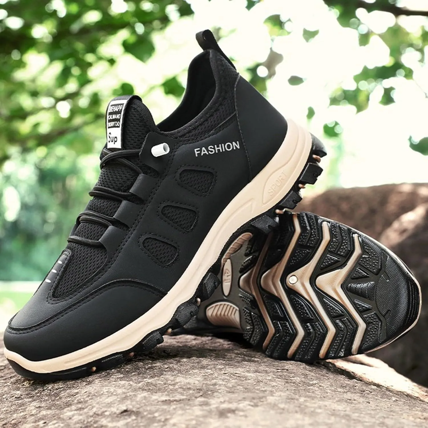 Men's Hiking Waterproof Casual Breathable Mesh Leather Outdoor Lightweight Comfortable Non Slip Walking Work Mountaineering Shoes with Adjustable Lace Arch Support