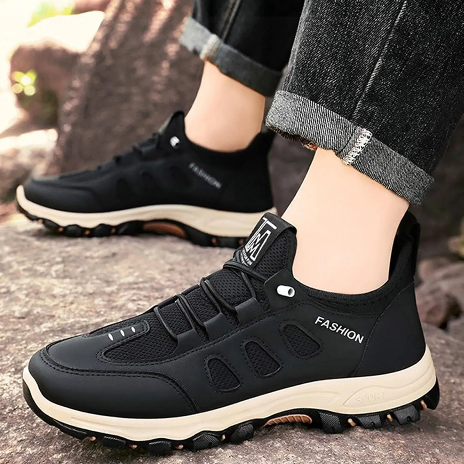 Men's Hiking Waterproof Casual Breathable Mesh Leather Outdoor Lightweight Comfortable Non Slip Walking Work Mountaineering Shoes with Adjustable Lace Arch Support