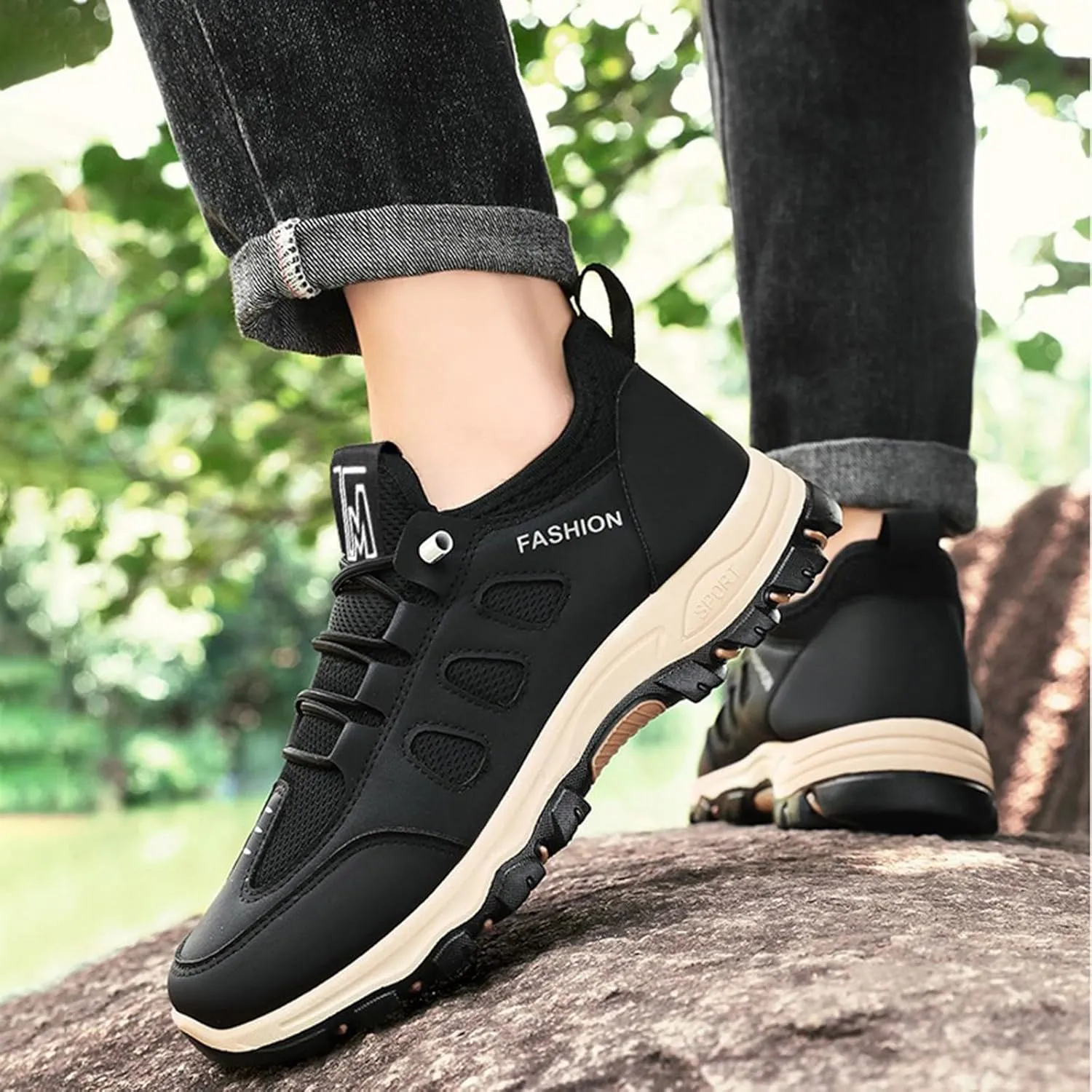 Men's Hiking Waterproof Casual Breathable Mesh Leather Outdoor Lightweight Comfortable Non Slip Walking Work Mountaineering Shoes with Adjustable Lace Arch Support