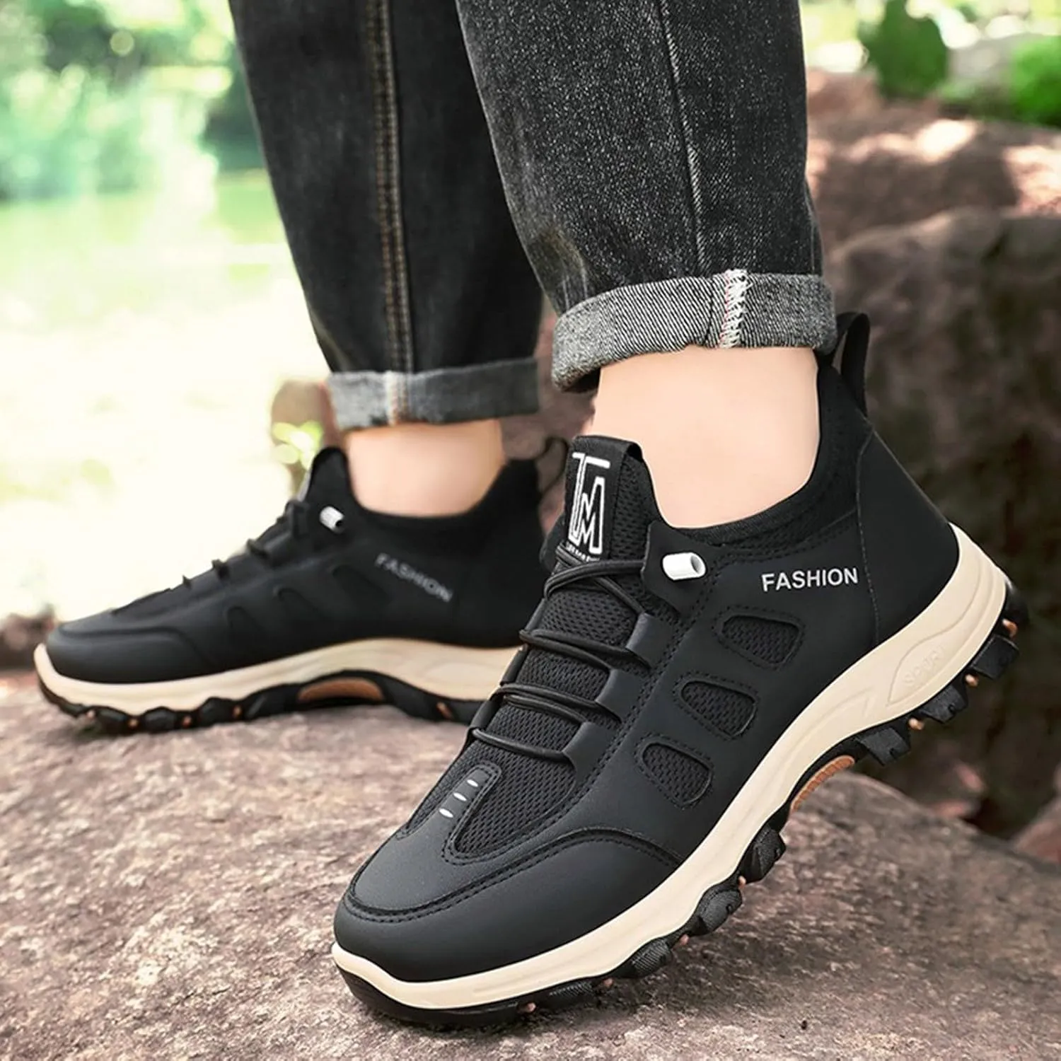Men's Hiking Waterproof Casual Breathable Mesh Leather Outdoor Lightweight Comfortable Non Slip Walking Work Mountaineering Shoes with Adjustable Lace Arch Support