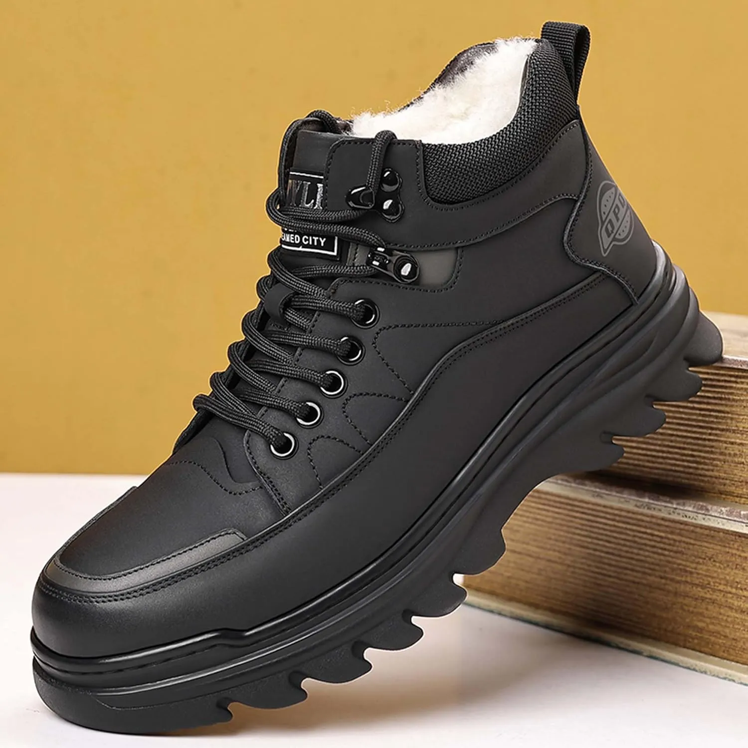 Men's Winter Leather Round Toe with Plush Hiking Boots, Waterproof and Non Slip Lined with Plush Snow Boots, Suitable for Outdoor Hiking