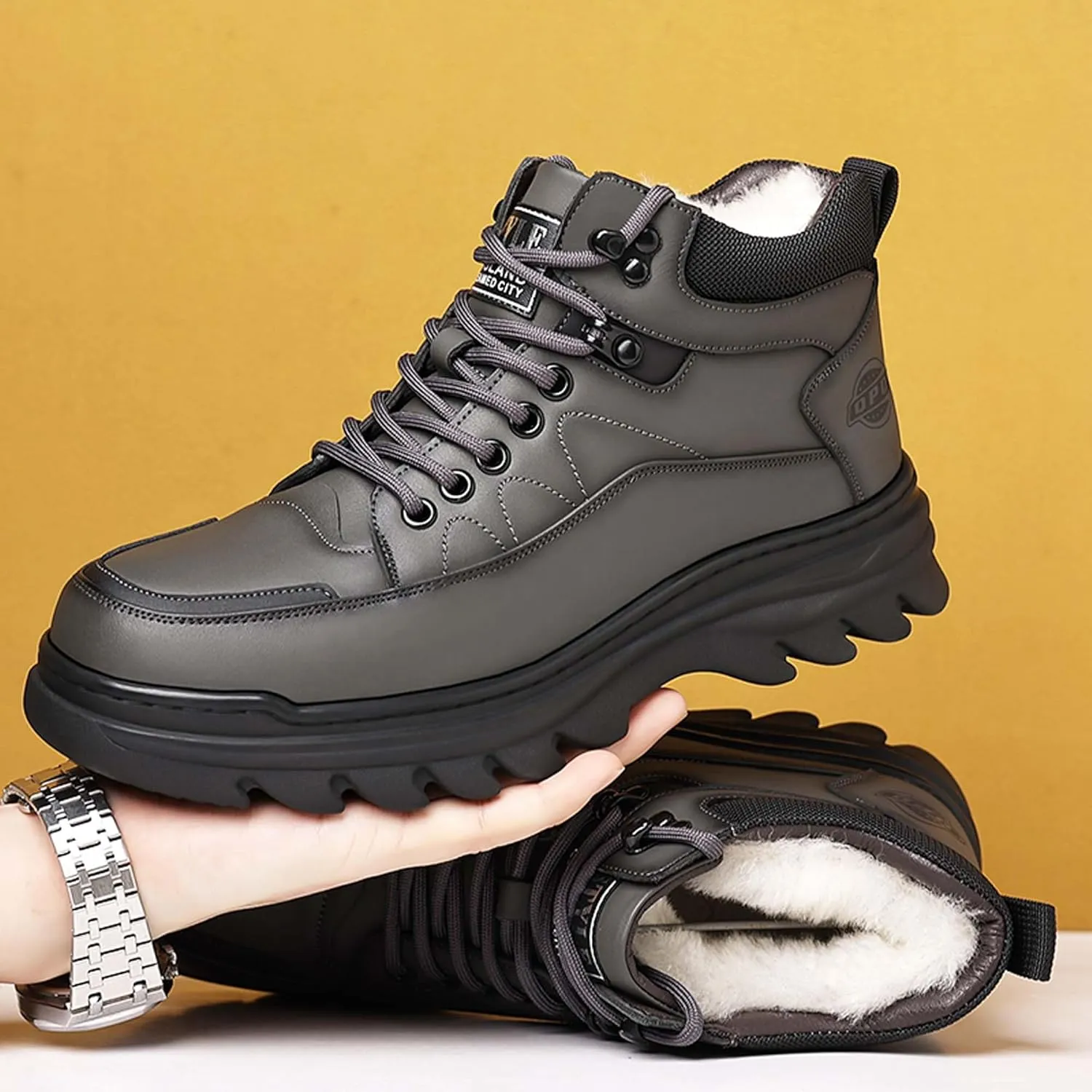 Men's Winter Leather Round Toe with Plush Hiking Boots, Waterproof and Non Slip Lined with Plush Snow Boots, Suitable for Outdoor Hiking