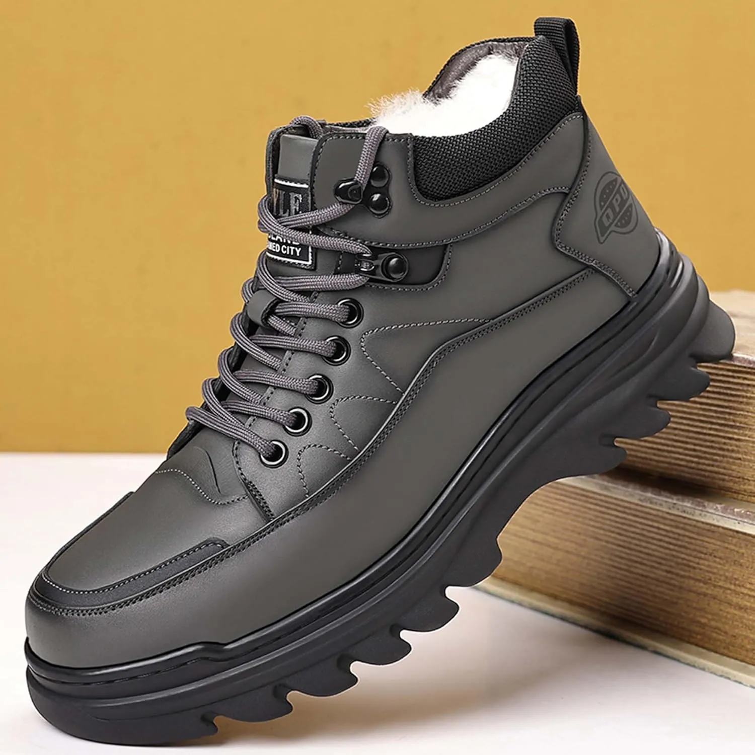 Men's Winter Leather Round Toe with Plush Hiking Boots, Waterproof and Non Slip Lined with Plush Snow Boots, Suitable for Outdoor Hiking