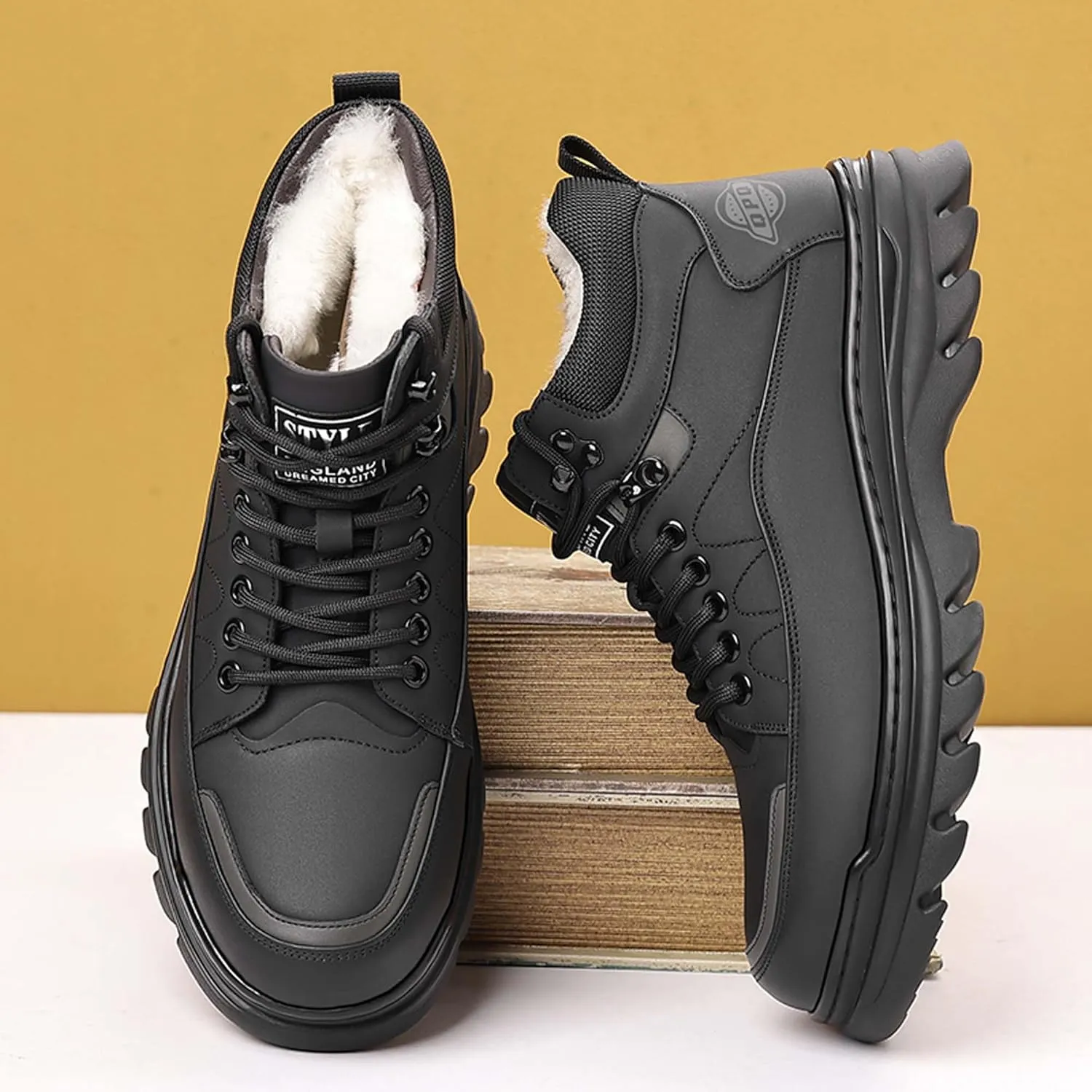 Men's Winter Leather Round Toe with Plush Hiking Boots, Waterproof and Non Slip Lined with Plush Snow Boots, Suitable for Outdoor Hiking