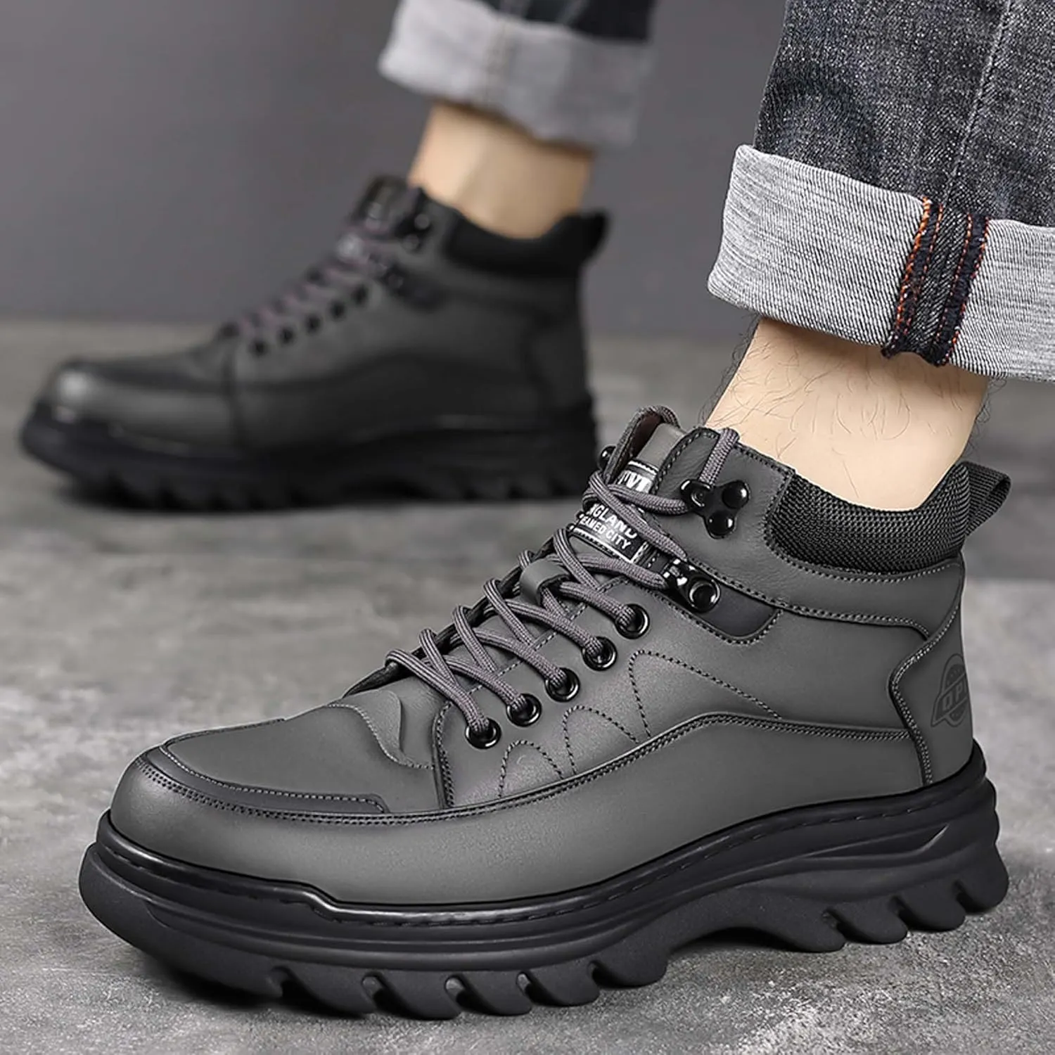 Men's Winter Leather Round Toe with Plush Hiking Boots, Waterproof and Non Slip Lined with Plush Snow Boots, Suitable for Outdoor Hiking