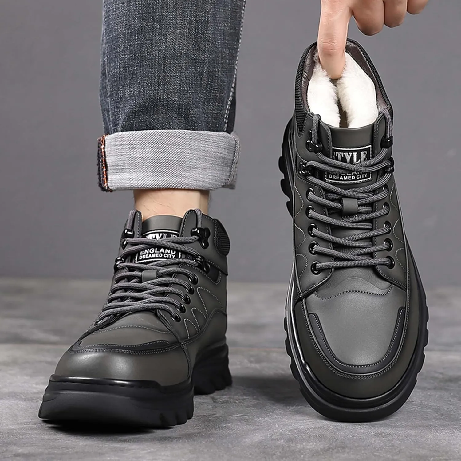 Men's Winter Leather Round Toe with Plush Hiking Boots, Waterproof and Non Slip Lined with Plush Snow Boots, Suitable for Outdoor Hiking