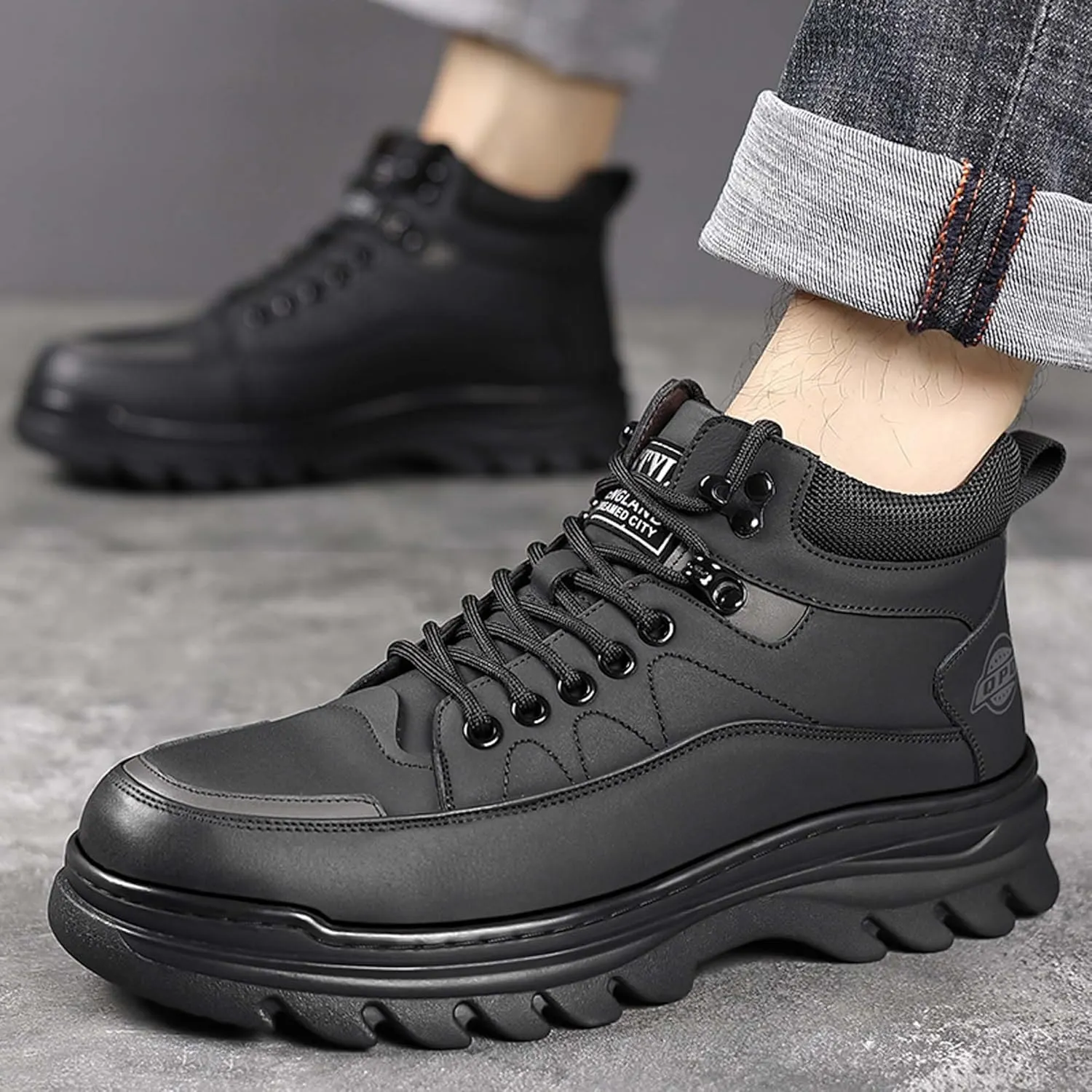 Men's Winter Leather Round Toe with Plush Hiking Boots, Waterproof and Non Slip Lined with Plush Snow Boots, Suitable for Outdoor Hiking