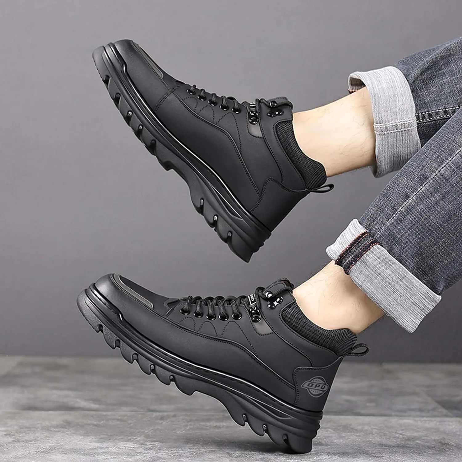 Men's Winter Leather Round Toe with Plush Hiking Boots, Waterproof and Non Slip Lined with Plush Snow Boots, Suitable for Outdoor Hiking