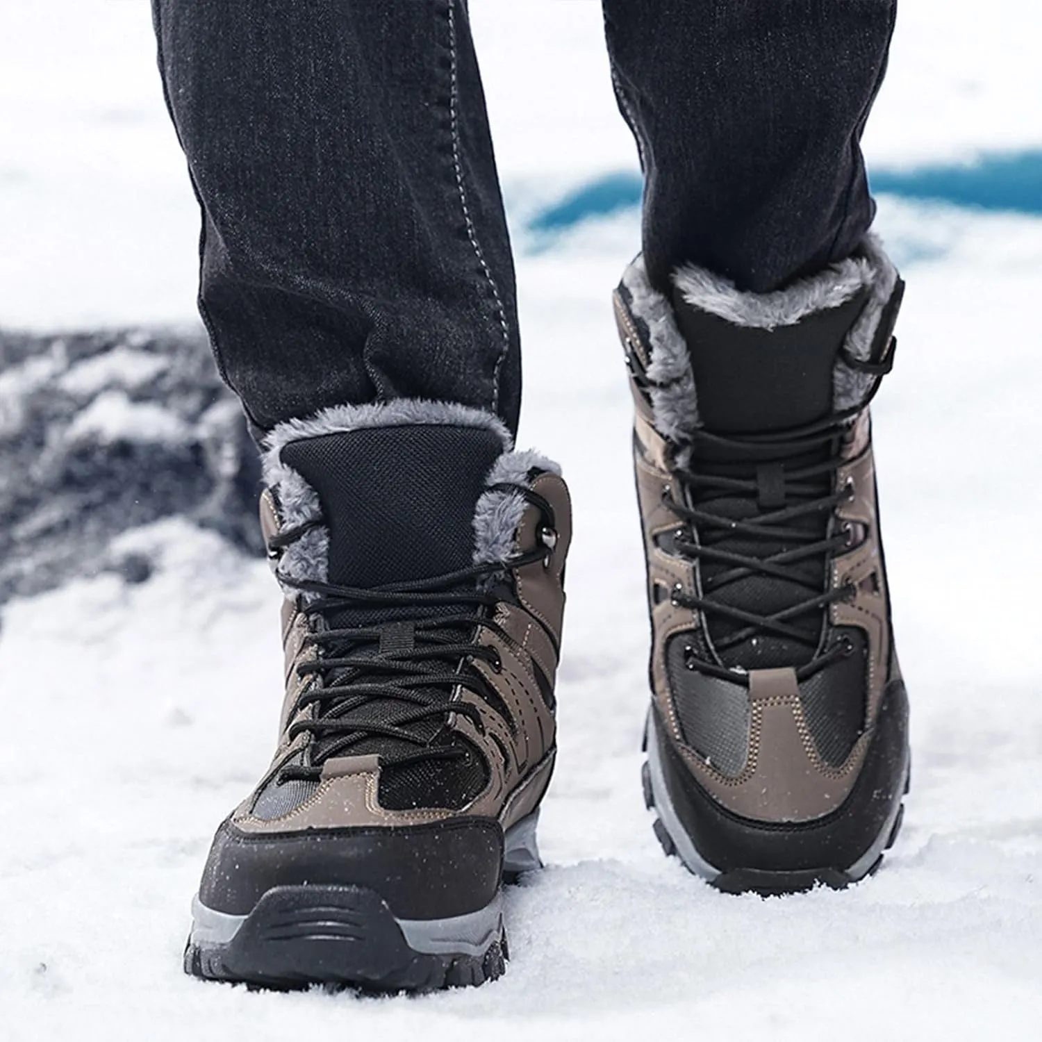 Men's Winter Snow Boots Warm Fur Lining Waterproof Lightweight Insulated Outdoor Lace-Up Wear-Resistant Ankle Anti-slip Cold Weather Hiking Classic Booties