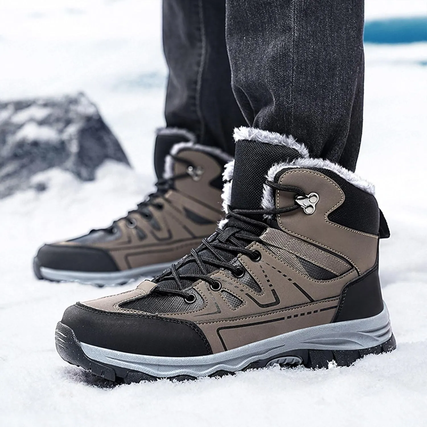 Men's Winter Snow Boots Warm Fur Lining Waterproof Lightweight Insulated Outdoor Lace-Up Wear-Resistant Ankle Anti-slip Cold Weather Hiking Classic Booties
