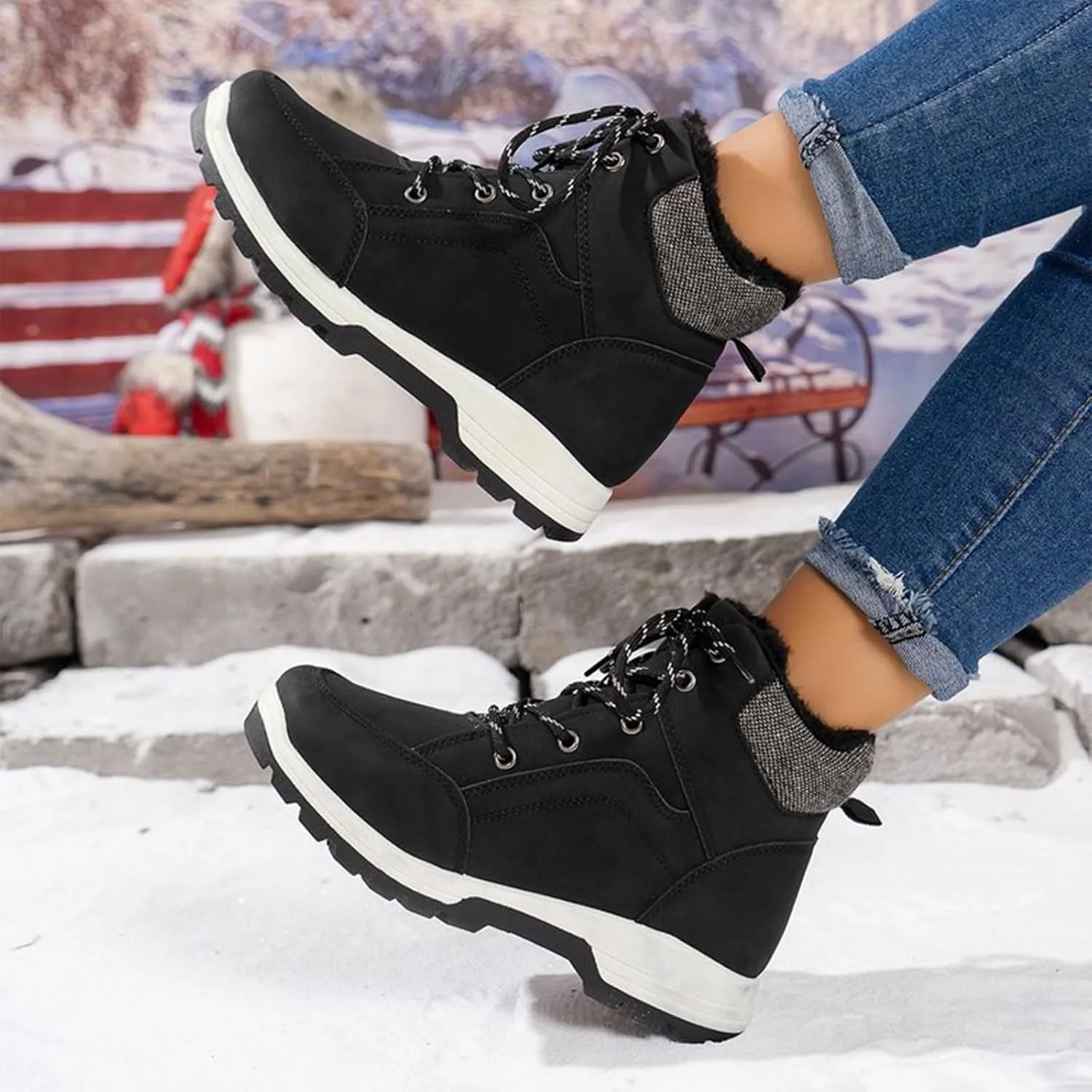 Men's Winter Snow Boots Waterproof Hiking Booties Warm Fur Lined Winter Boot Non-Slip Outdoor Ankle Shoes