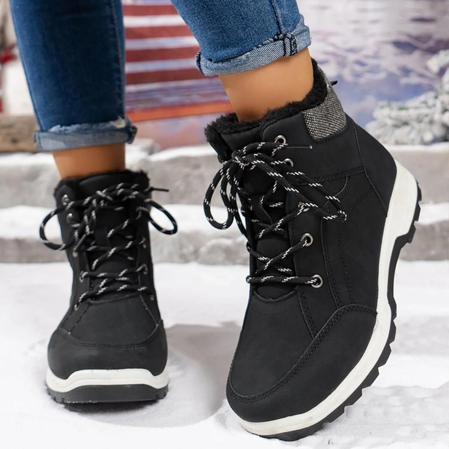 Men's Winter Snow Boots Waterproof Hiking Booties Warm Fur Lined Winter Boot Non-Slip Outdoor Ankle Shoes