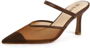 Mesh Kitten Heels for Women Pointed Closed Toe Mule Heeled Sandals Sexy Slip On Dress Pumps