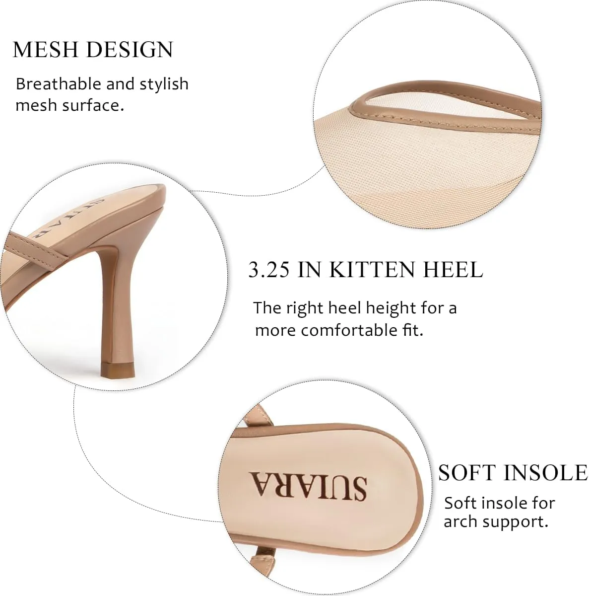 Mesh Kitten Heels for Women Pointed Closed Toe Mule Heeled Sandals Sexy Slip On Dress Pumps